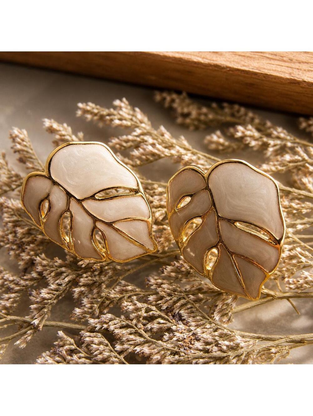 Tropical Plant Leaf Stud Earrings, Botanical Enamel Studs